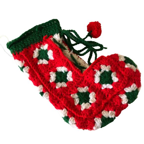 Vtg Crocheted Granny Square Christmas Stocking Red Green Handmade 12" Yarn - Picture 3 of 5